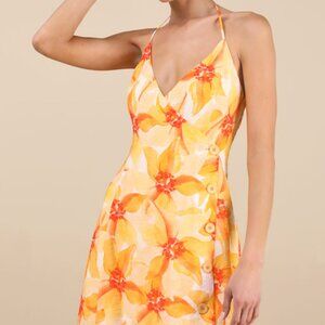 Lulus Prue Yellow & Orange Floral Halter Mini Dress - Size XS